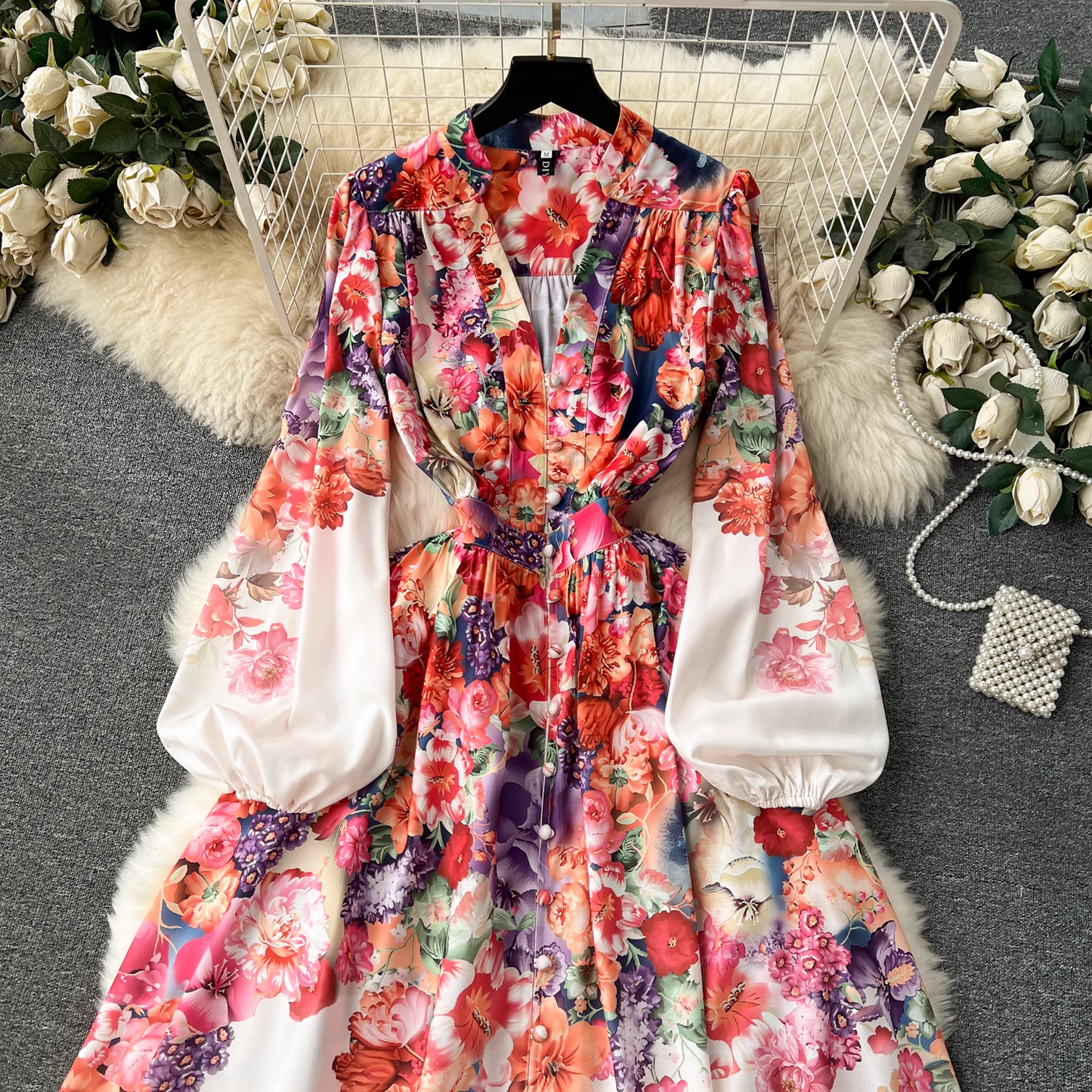 Women's V-neck long printed dress YM1151