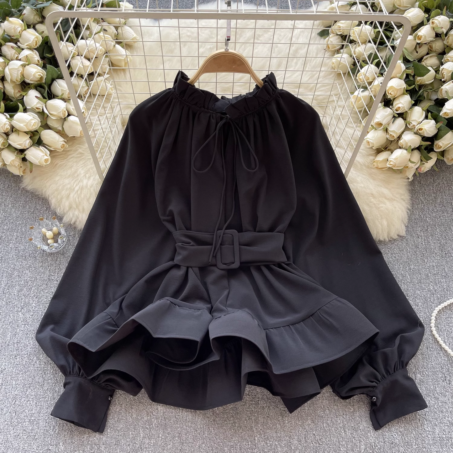 Retro court style waist tie with ruffle leaf edge blouses female niche chic long sleeves YM399