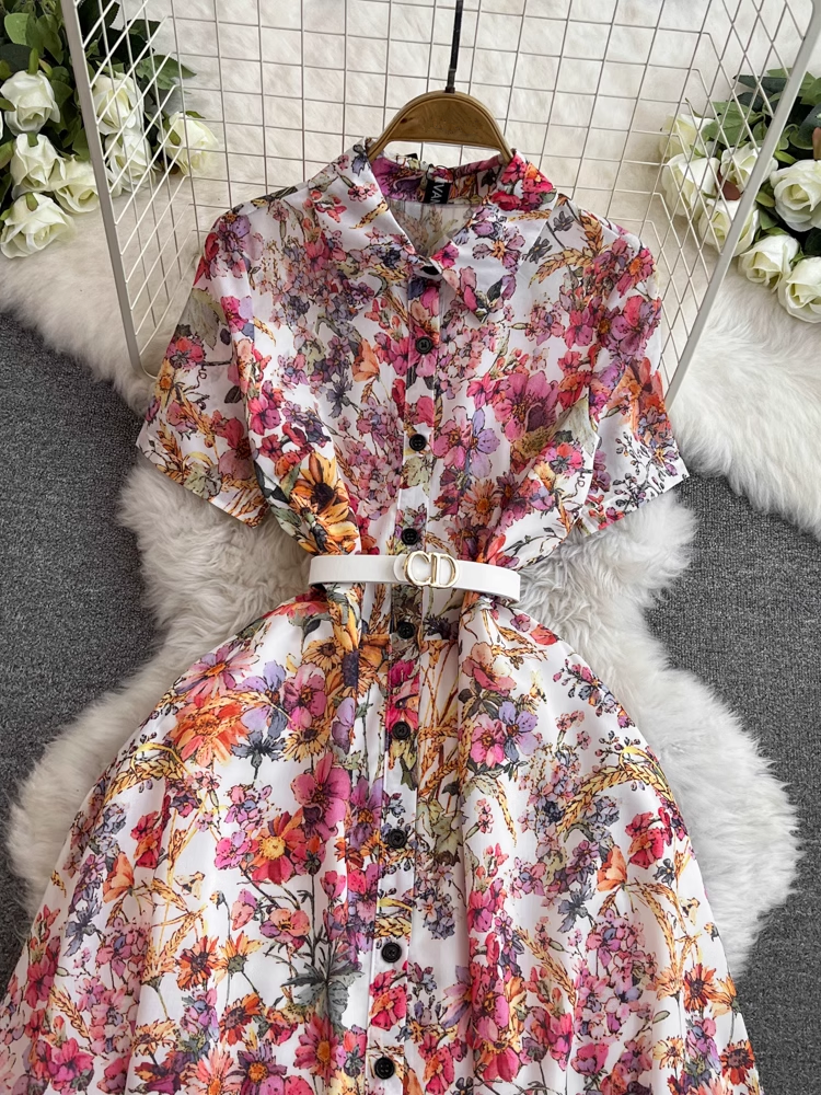 Retro Elegant Dress Women's Short Sleeve Printed A-Line Midi Dress YM1058