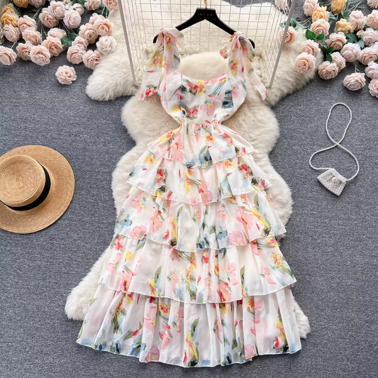 Women's suspender floral dress summer chiffon dress  YM506