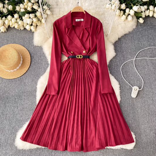 women's suit collar dress high waist pleated dress YM798