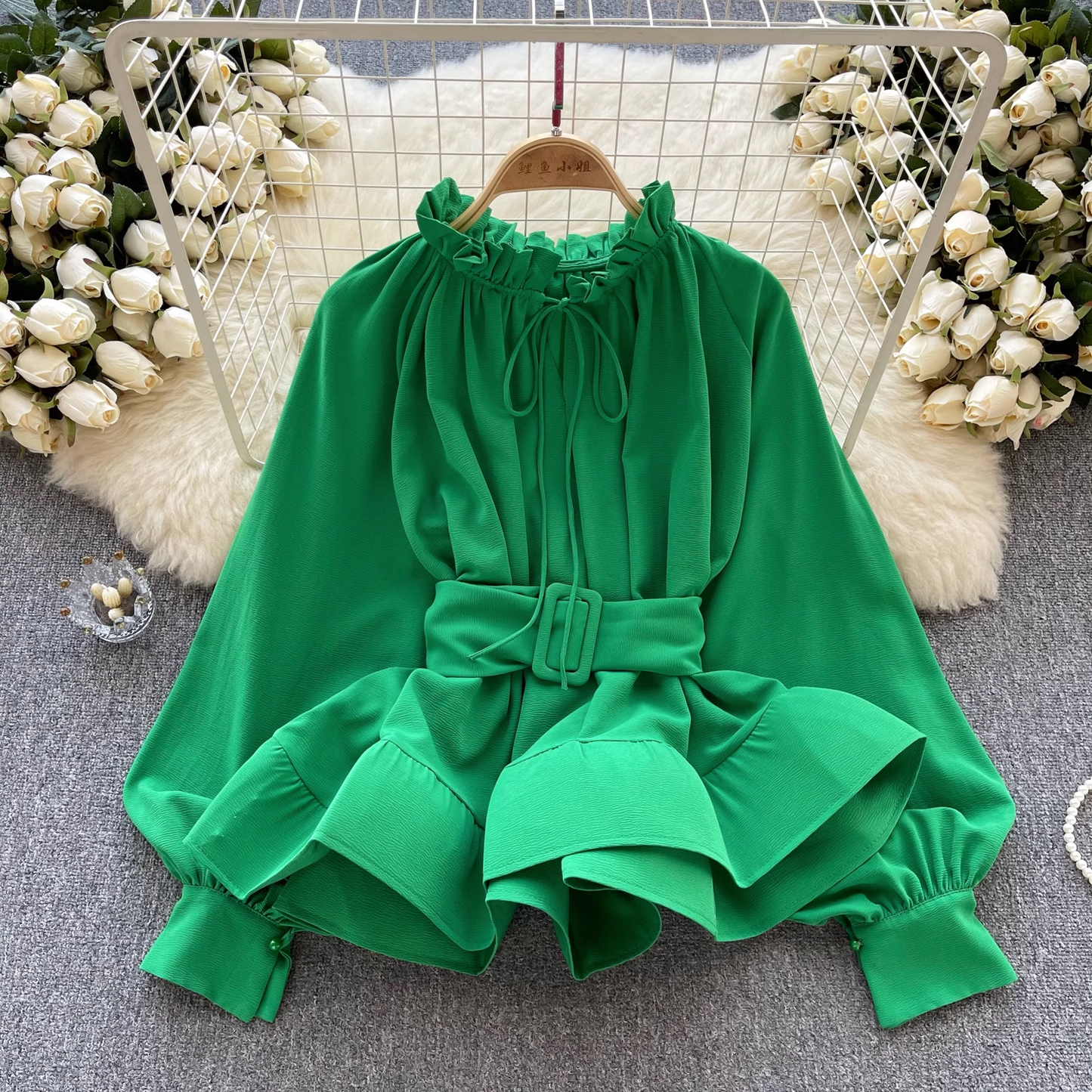 Women's Retro Court Style Waist Belt Ruffle Hem Blouses  YM317