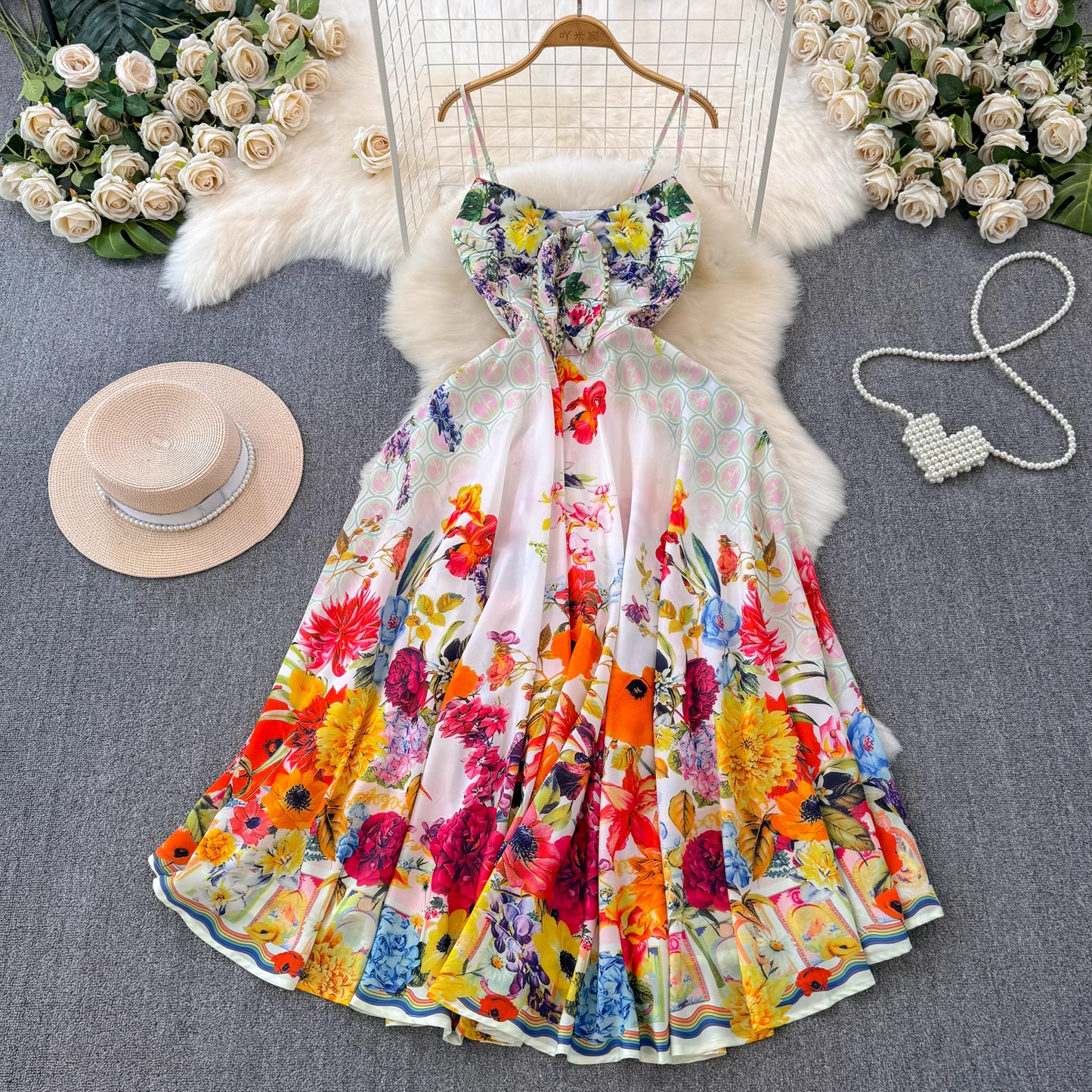 Colorful floral suspender seaside vacation dress  YM1428