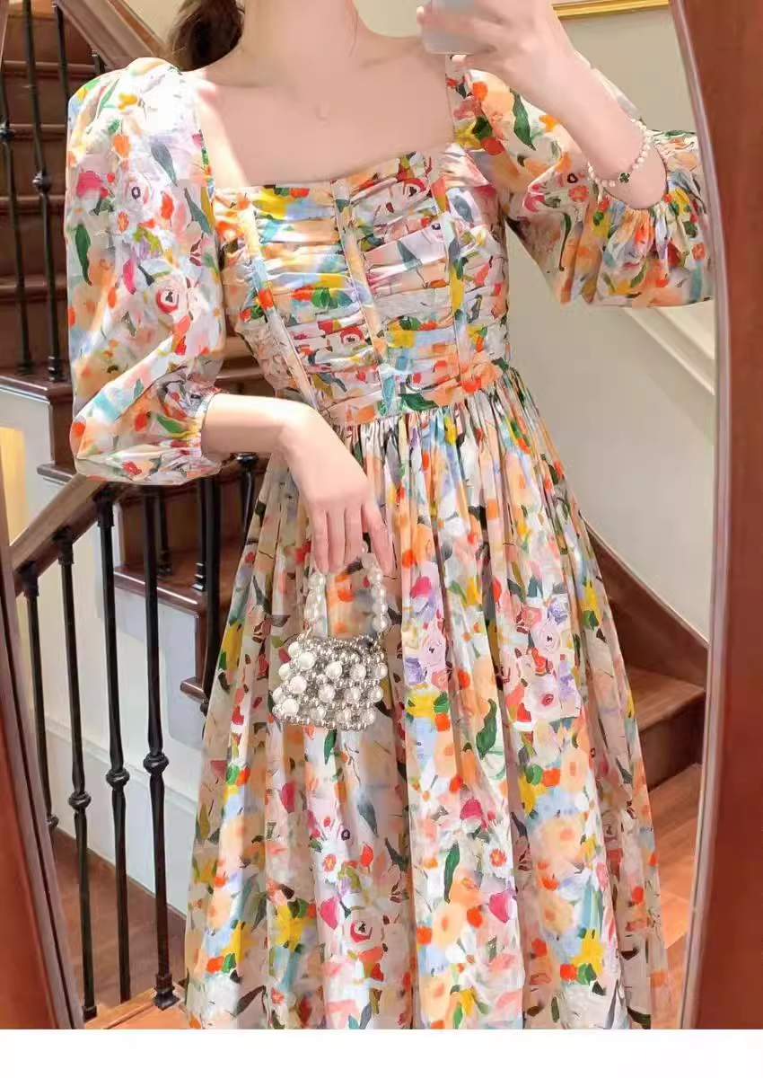 Retro Chic Floral Puff Sleeve Dress for Women Summer  YM1133