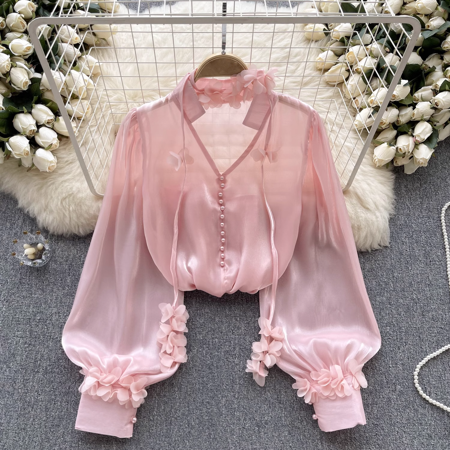 Women's mesh shirt autumn ribbon long sleeve blouses  YM510