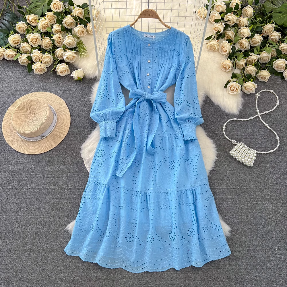 Women's long-sleeved round neck a-line embroidered hollow dress YM983