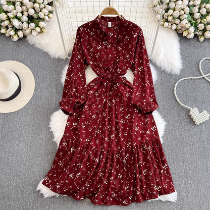 Lantern long-sleeved stand-collar mid-length a-line ruffle floral dress YM585