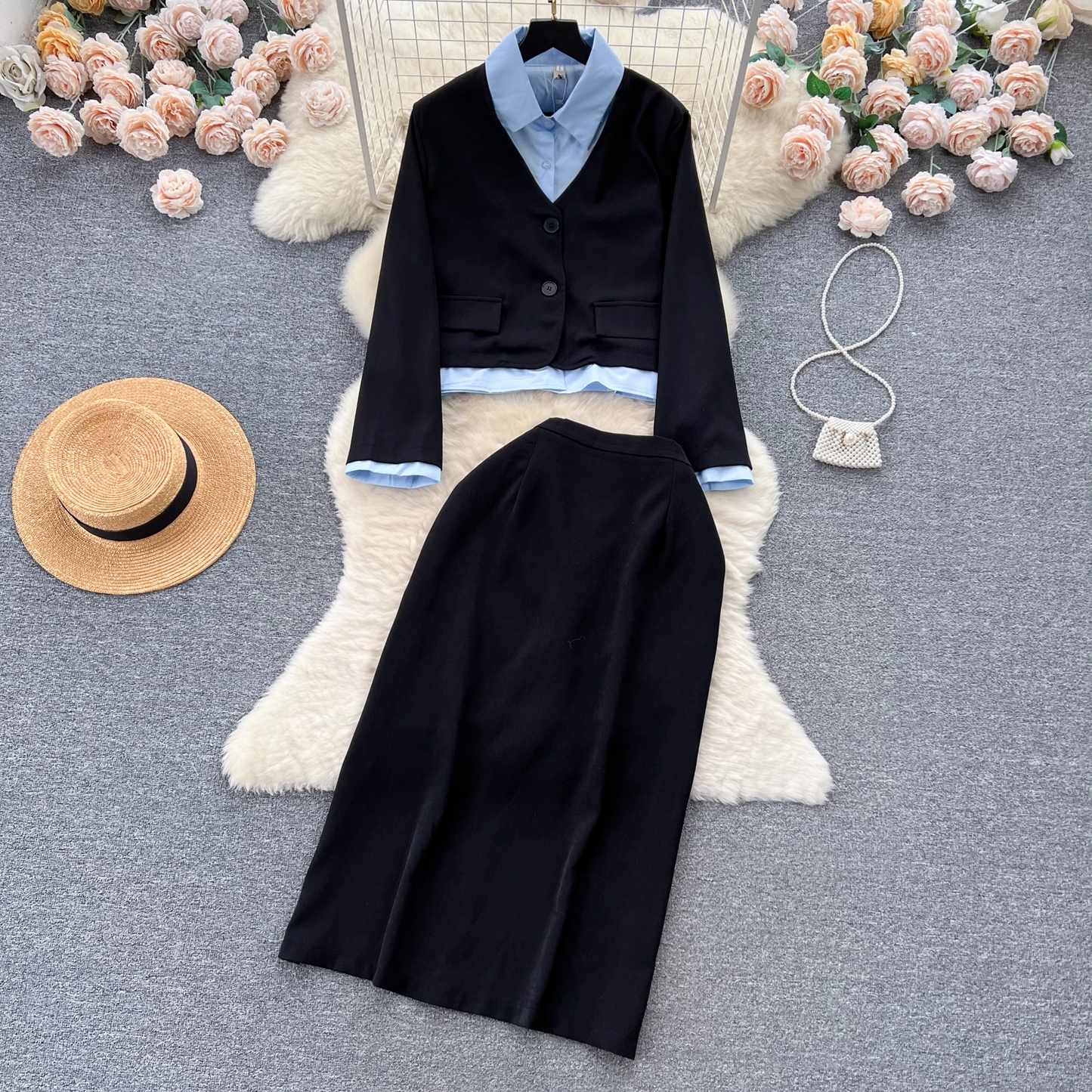 Women's fake two piece shirt jacket versatile skirt two piece set ,two piece dress YM613