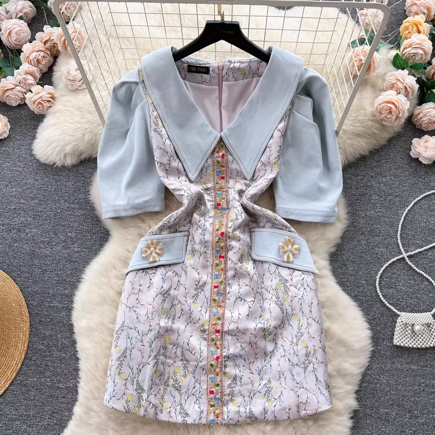 Light luxury denim splicing heavy embroidery slim short dress for women summer YM616