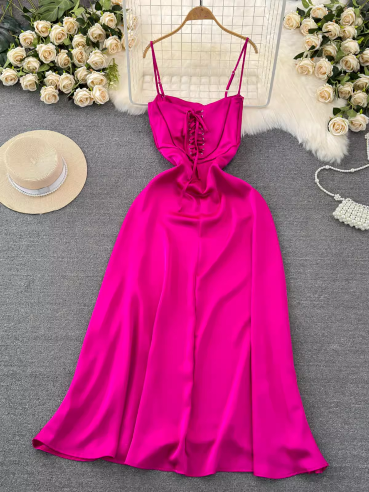 Hot Pink A-line Simple Dress  YM998