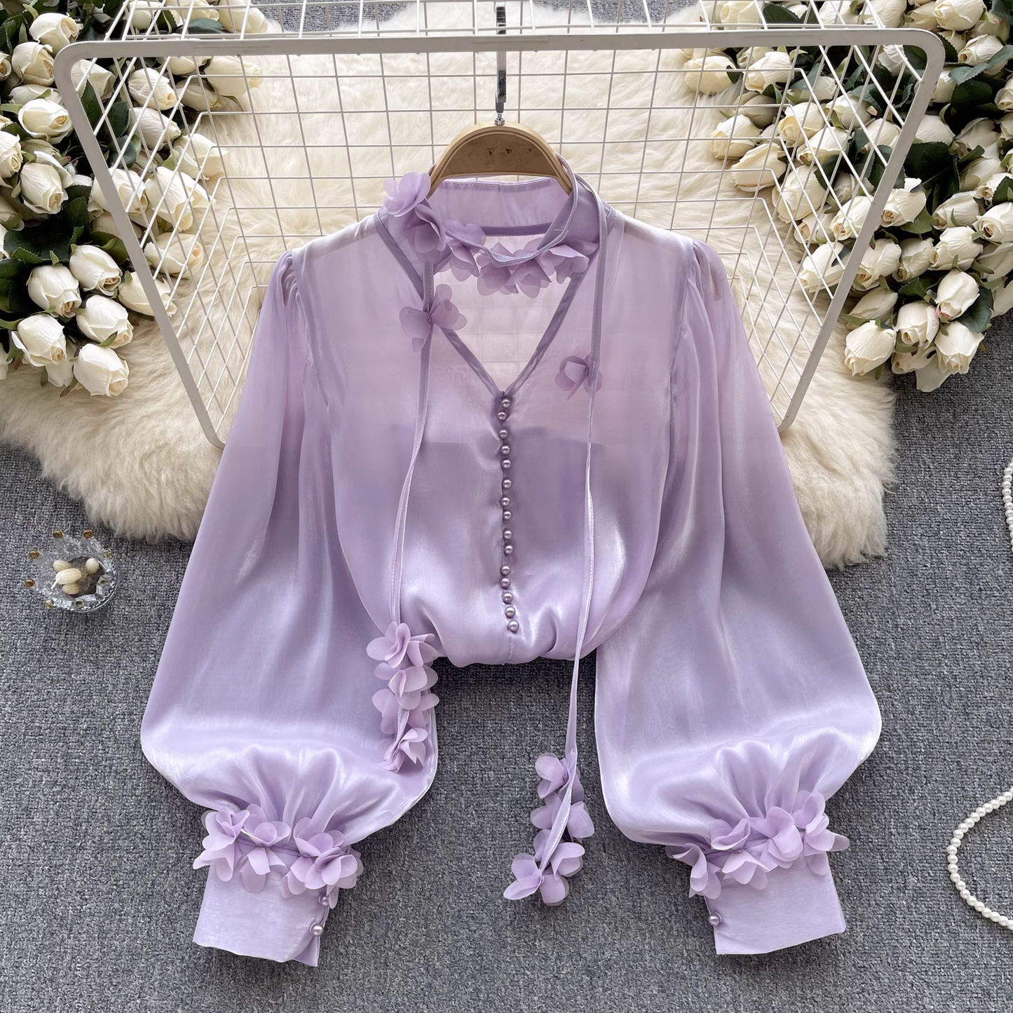 Women's mesh shirt autumn ribbon long sleeve blouses  YM510