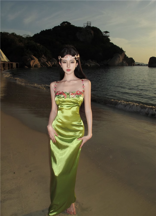 Long green satin holiday dress YM1034