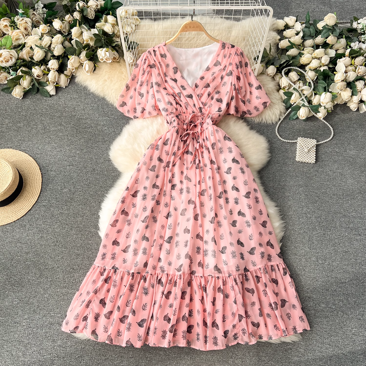 printed puff sleeve chiffon dress YM1243