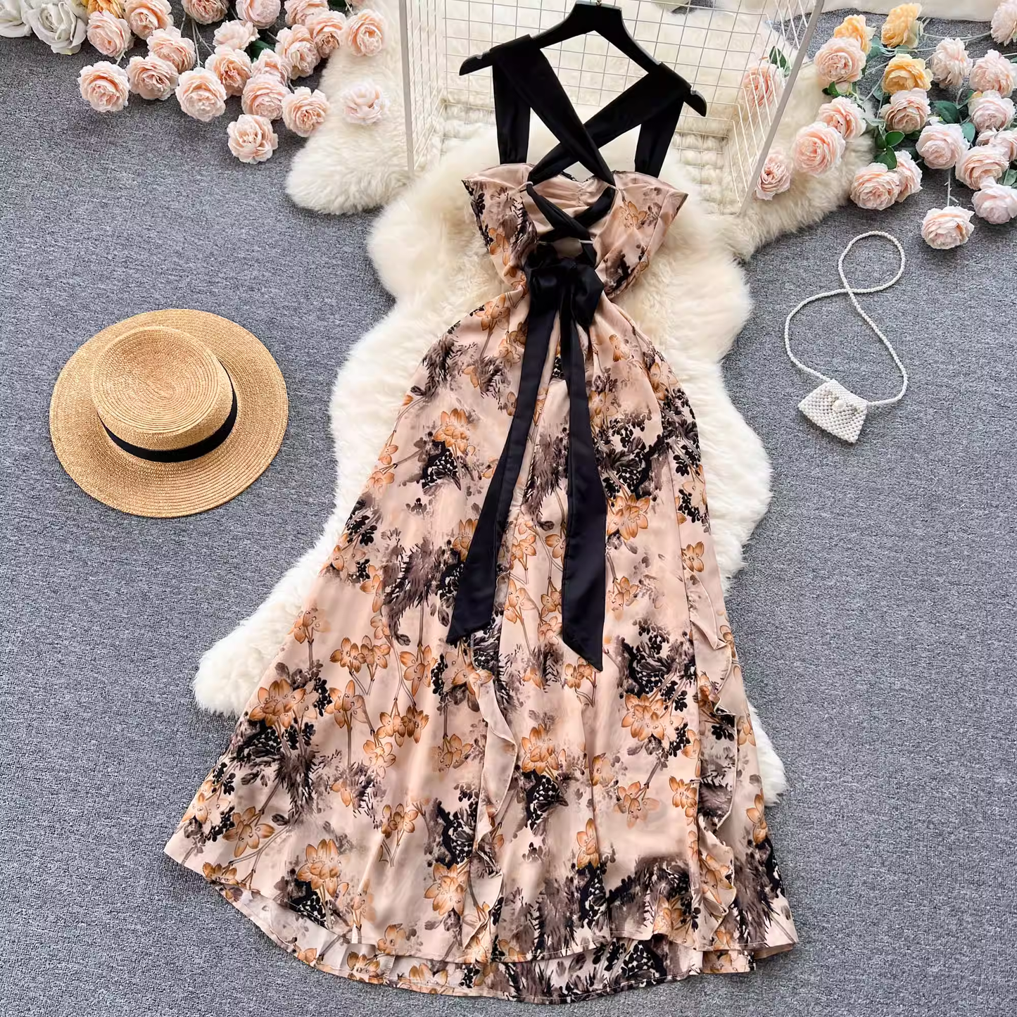 Romantic retro atmosphere floral dress,YM97