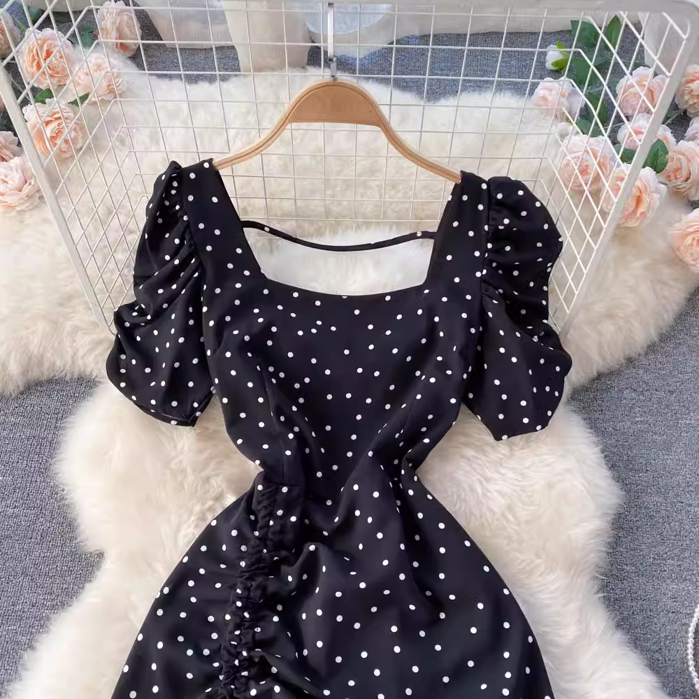 square neck polka dot dress with short sleeves summer dress , YM39