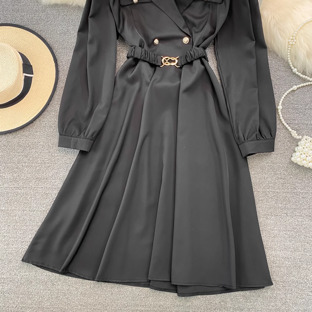 Vintage Bubble Long Sleeve Suit Collar A-Line Maxi Dress, YM239