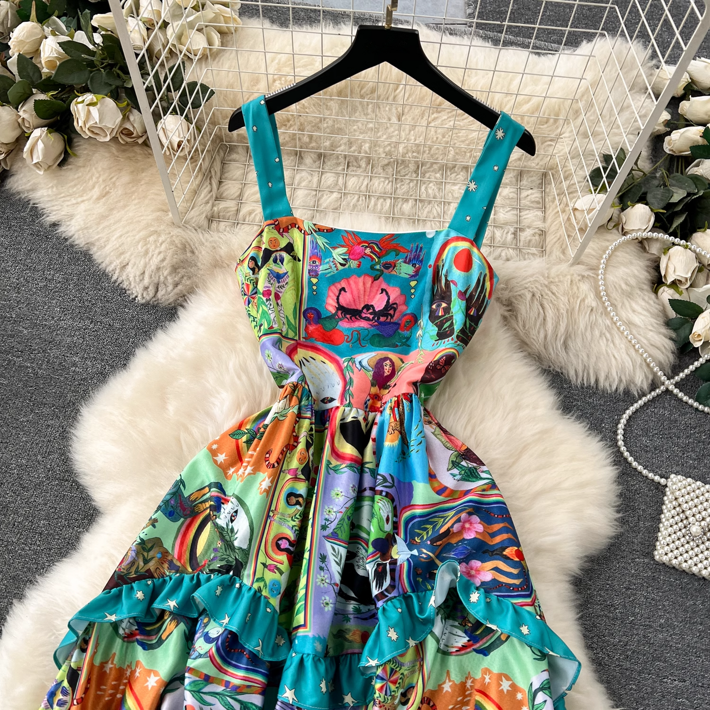 women's printed retro suspender dress YM1148