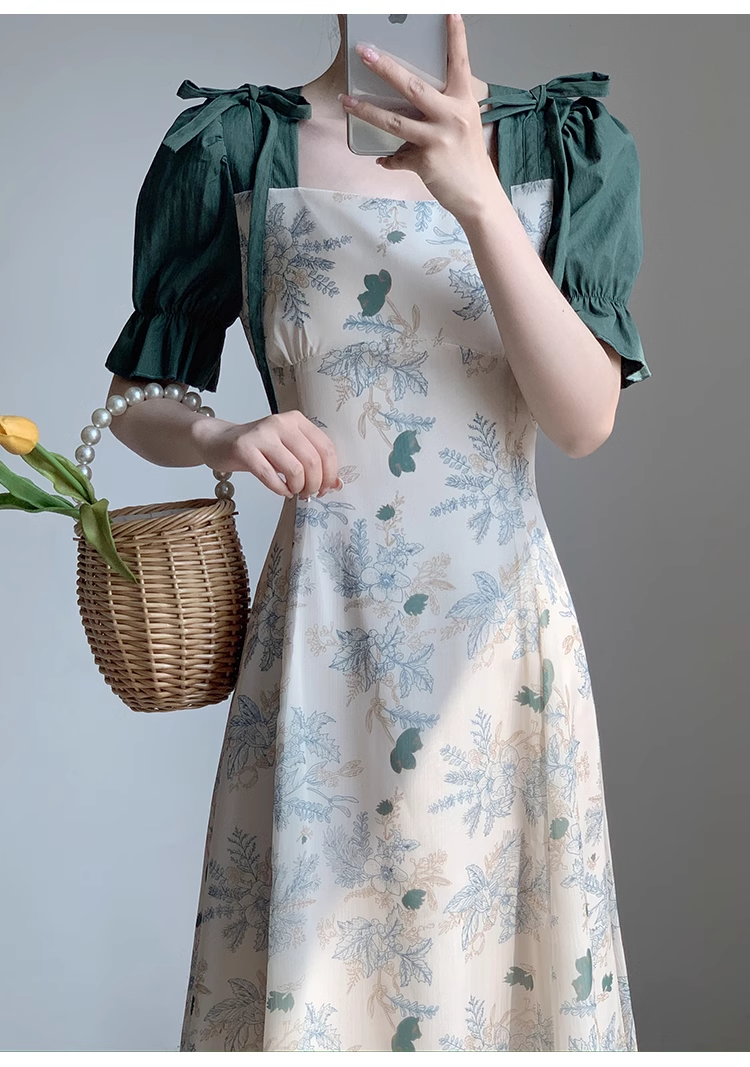 Retro square neck dress for women summer French style patchwork floral long dress YM1539