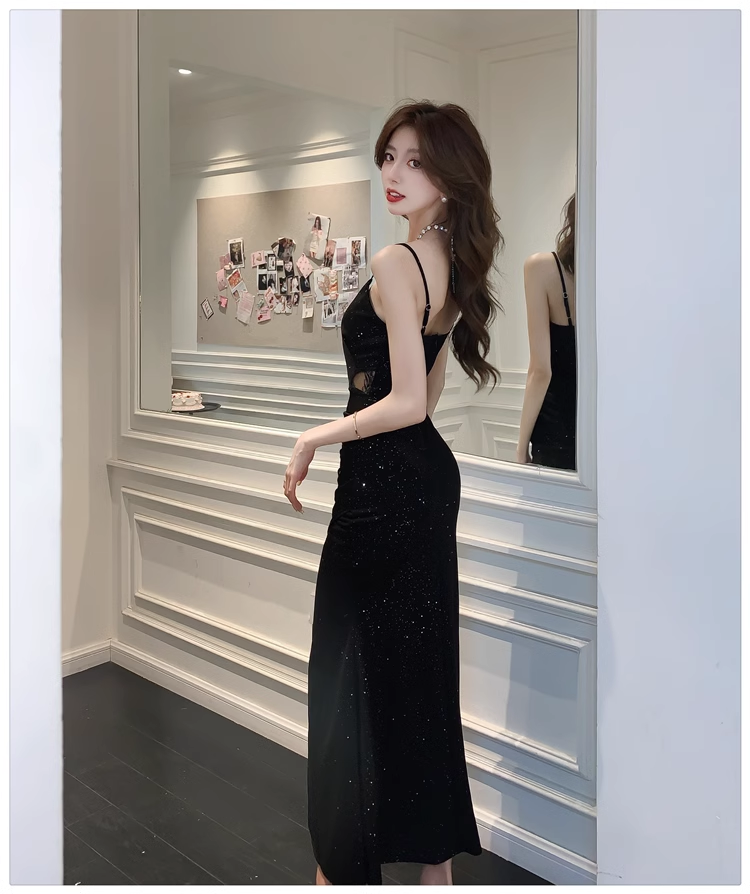 Black v-neck slit long dress YM1254