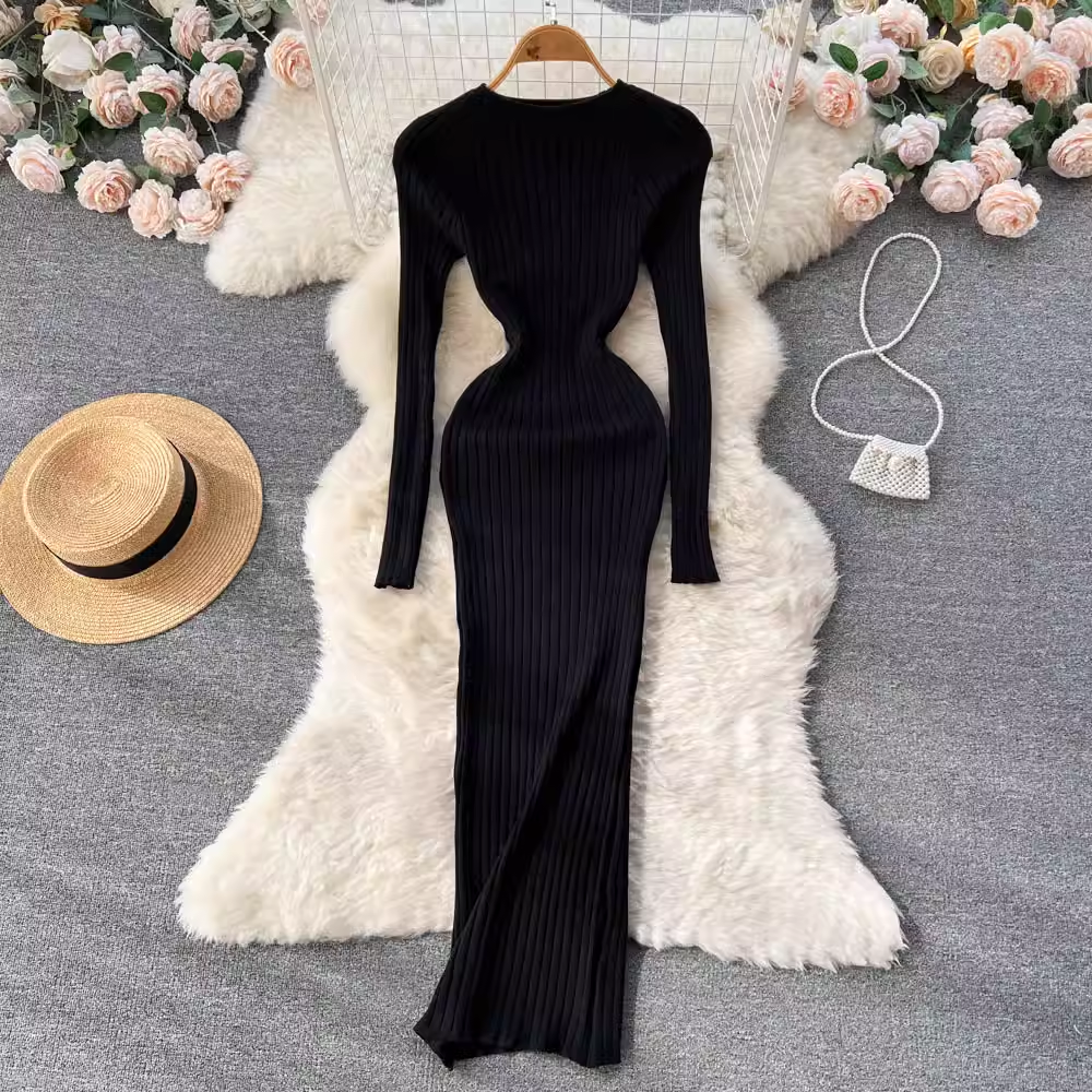 New autumn and winter long-sleeved round neck sexy slim dress YM781