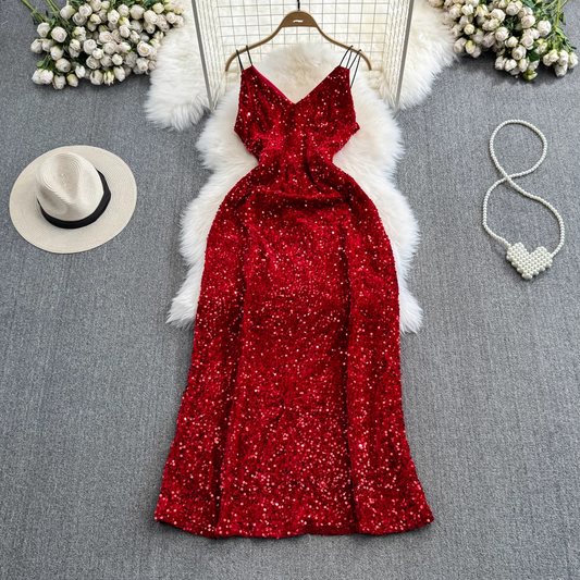 Fashionable and sexy red velvet sequined v-neck suspender dress YM909