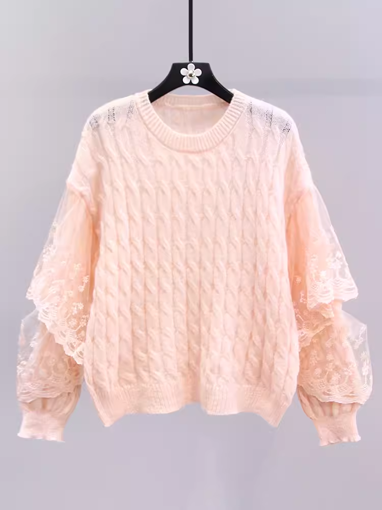 women's lace spliced twist pullover sweater YM671