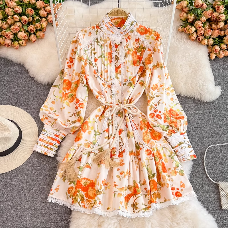 Retro court style lantern sleeve tassel belt waist print dress , YM203