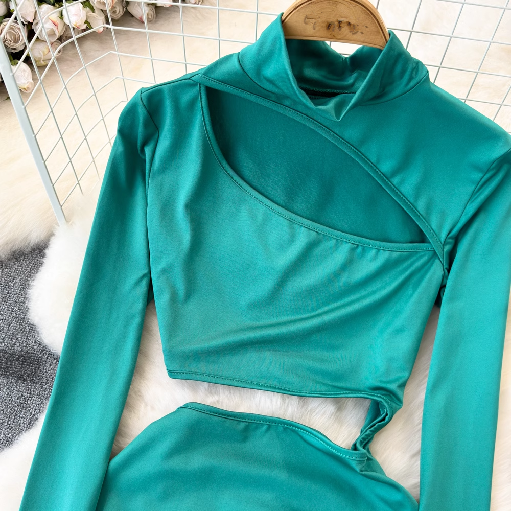 Spring and Autumn Fashionable and Sexy Long Sleeve Stand Collar Hollow Chest Dress YM1027