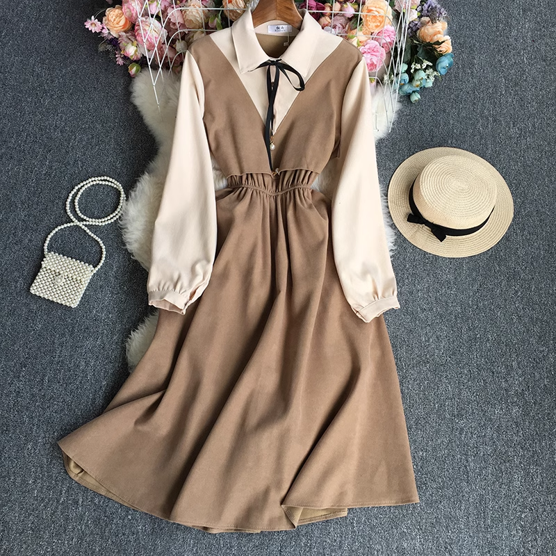 Fake two piece color block long sleeve dress YM530