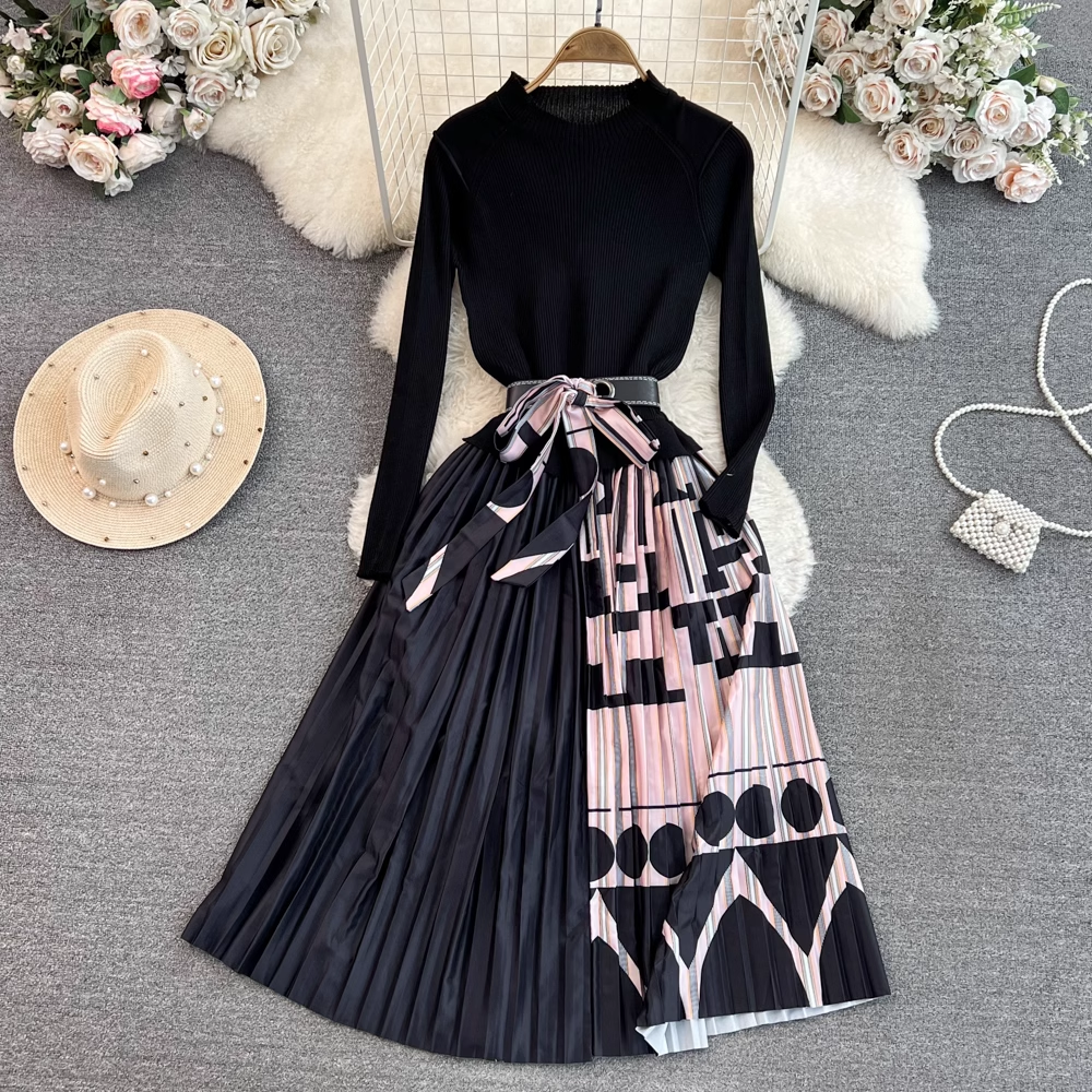 Long-sleeved stand-collar knitted patchwork A-line printed pleated dress YM580