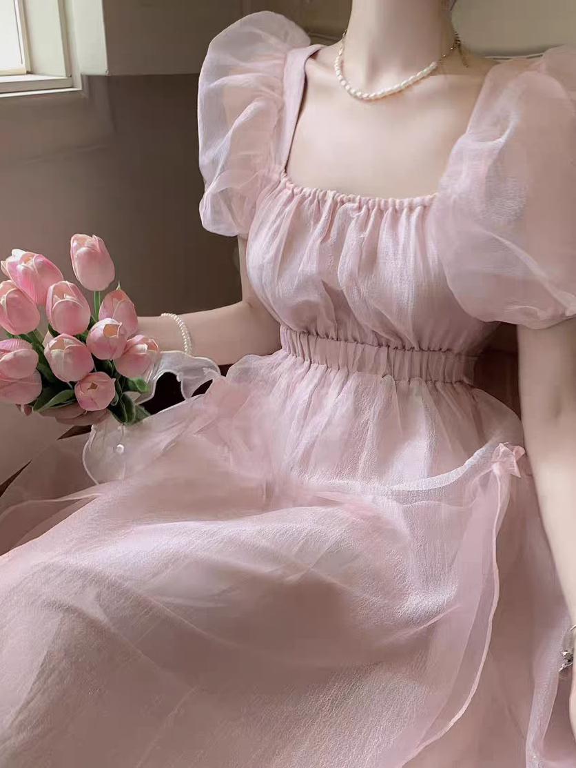 Pink backless dress for women summer puff sleeve long dress YM1503