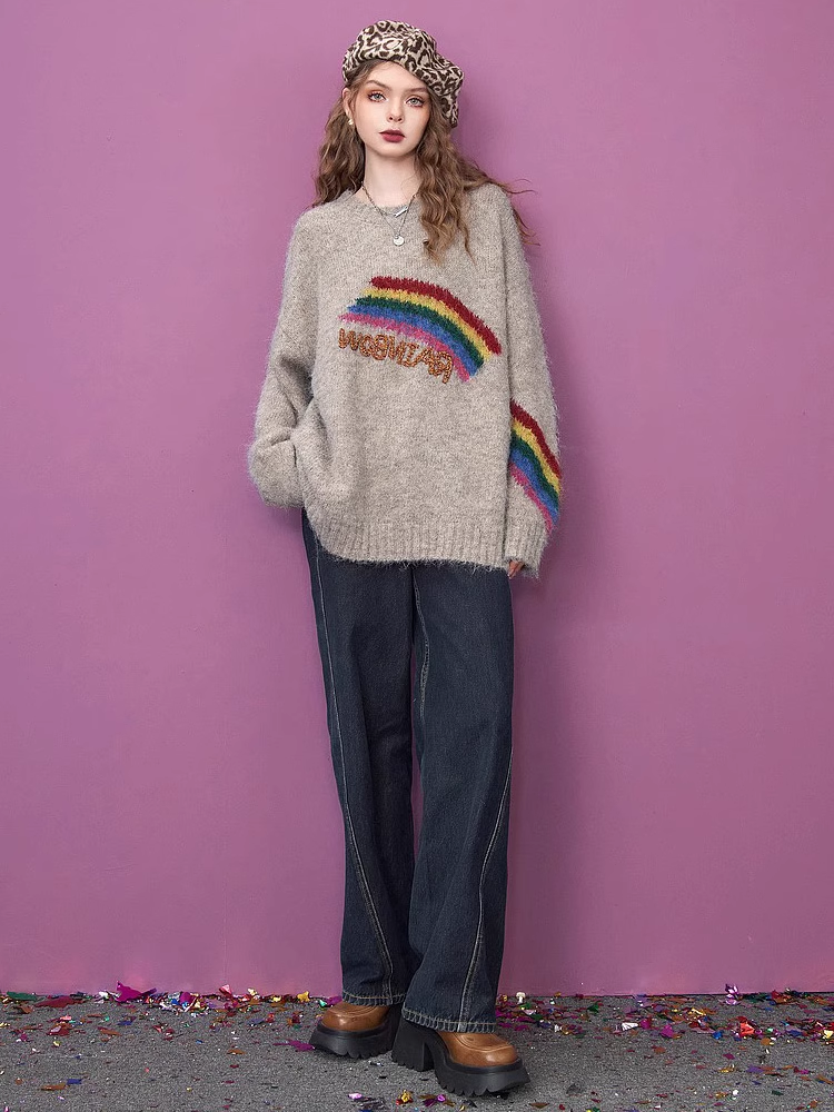 Sweater with rainbow letter embroidery design YM677