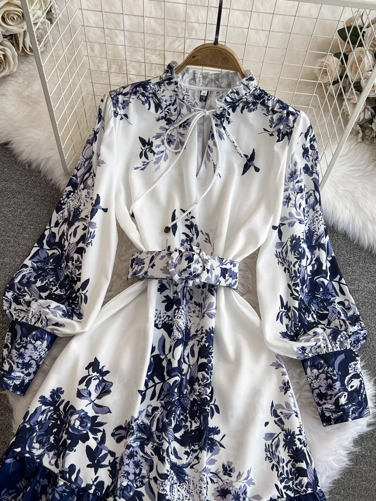 Long sleeve stand collar a line printed dress YM1013