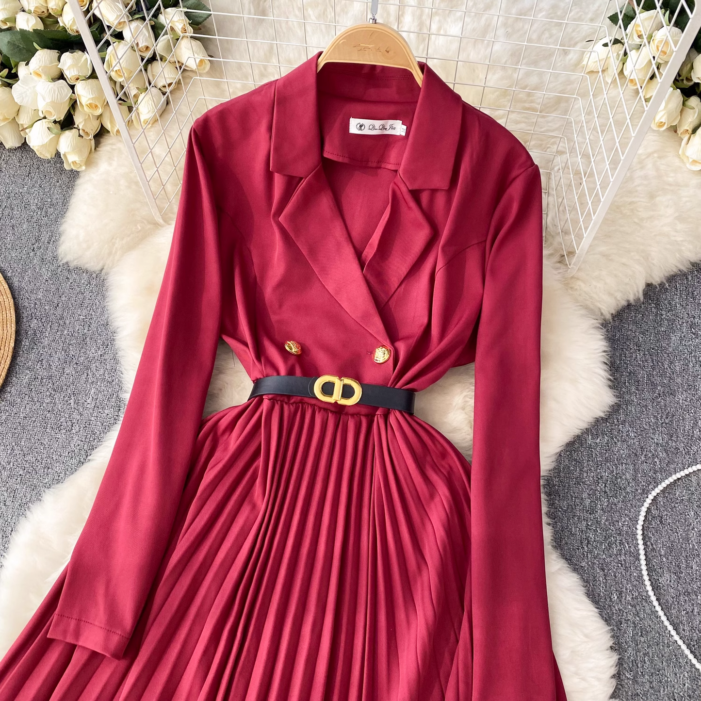 women's suit collar dress high waist pleated dress YM798