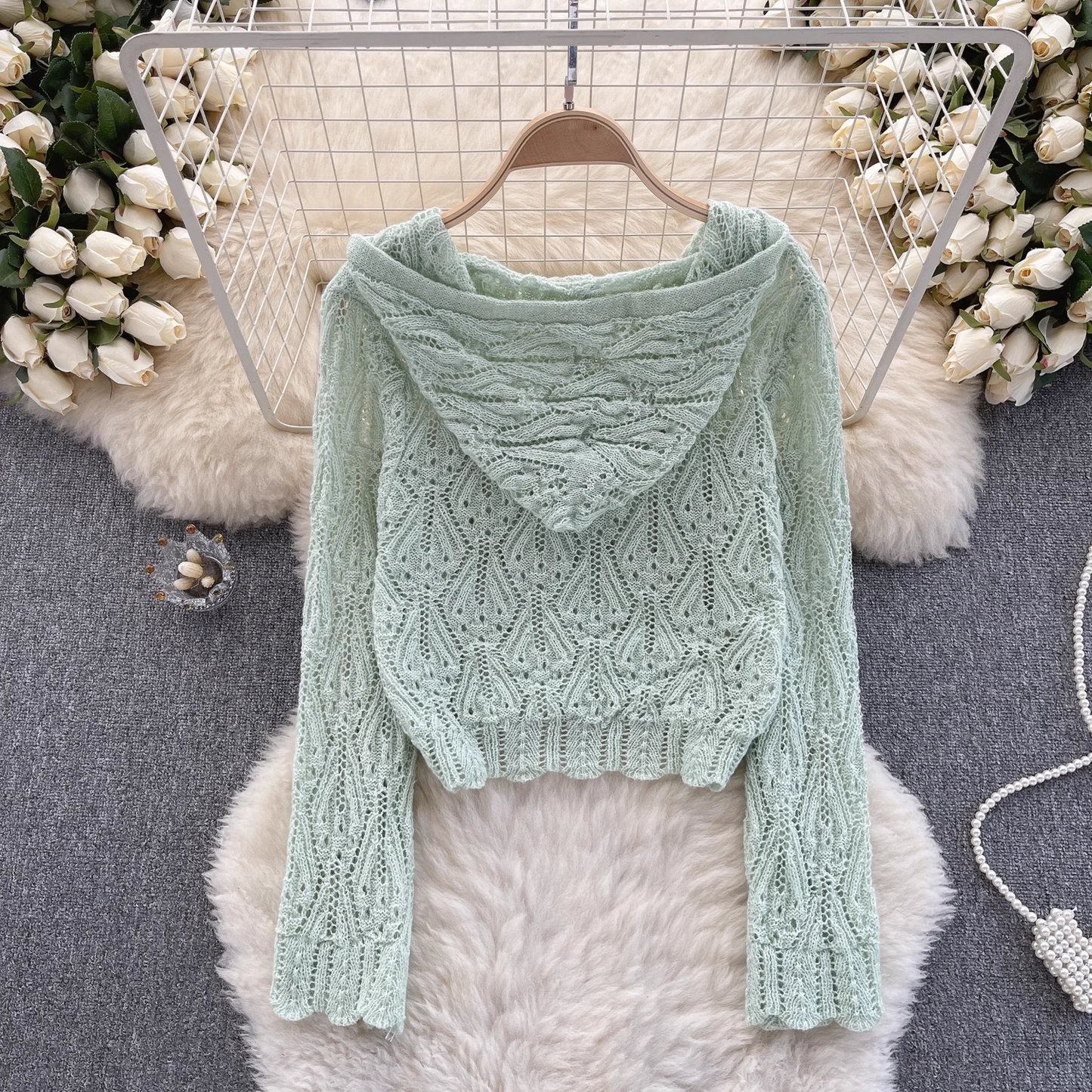 women's hollow crochet long sleeve knitted hooded shirt YM319