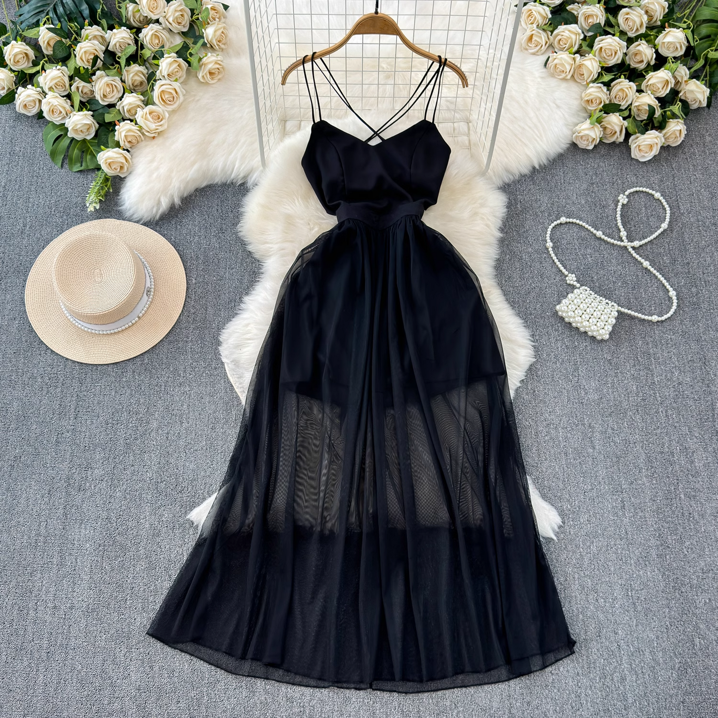 Black A-line V Neck Tulle Dress YM1042