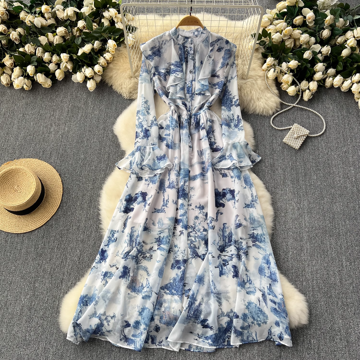 Retro elegant ink print chiffon dress YM1087