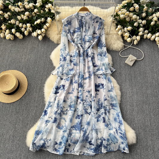 Retro elegant ink print chiffon dress YM1087