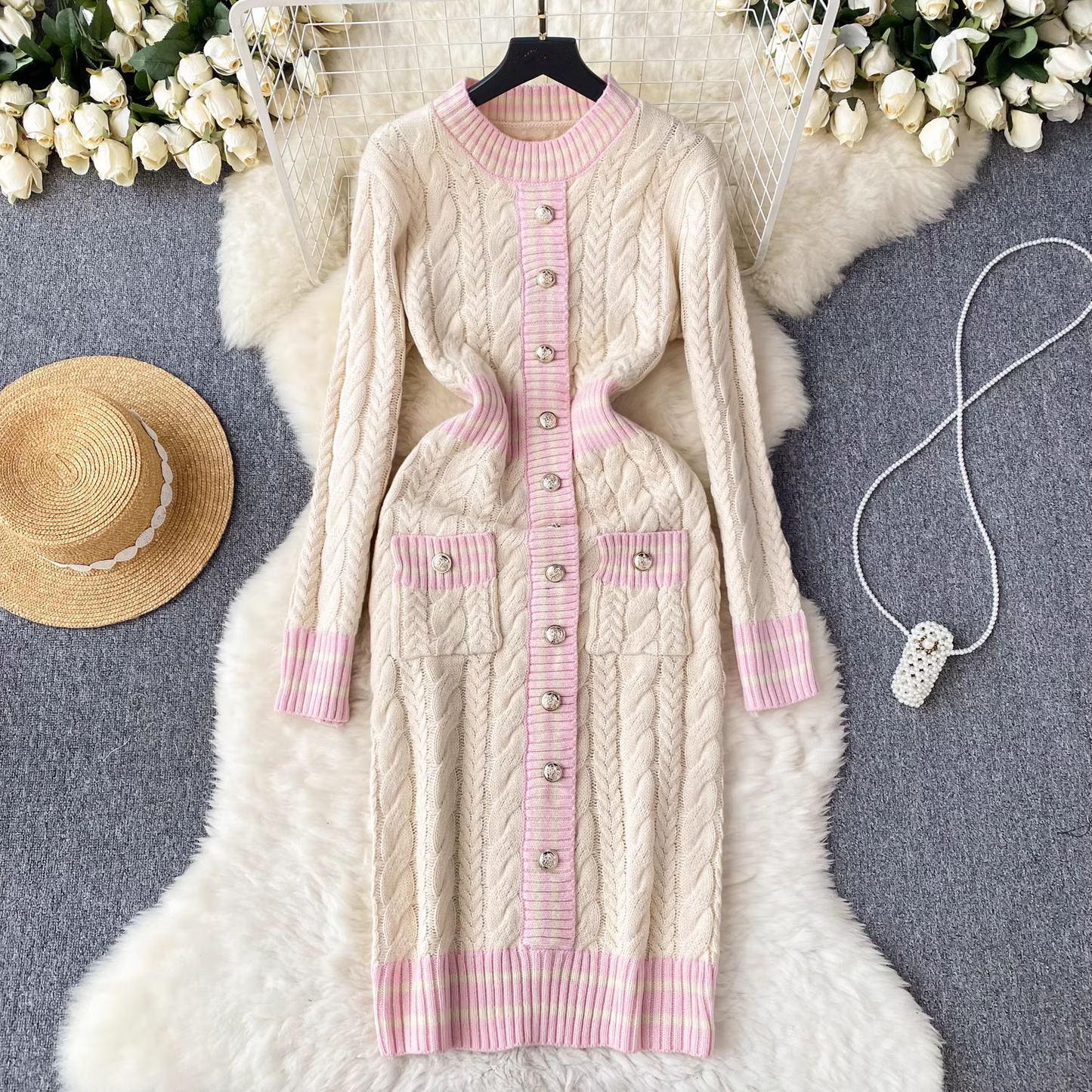 Knitted dress for women autumn design with contrasting stripes YM610