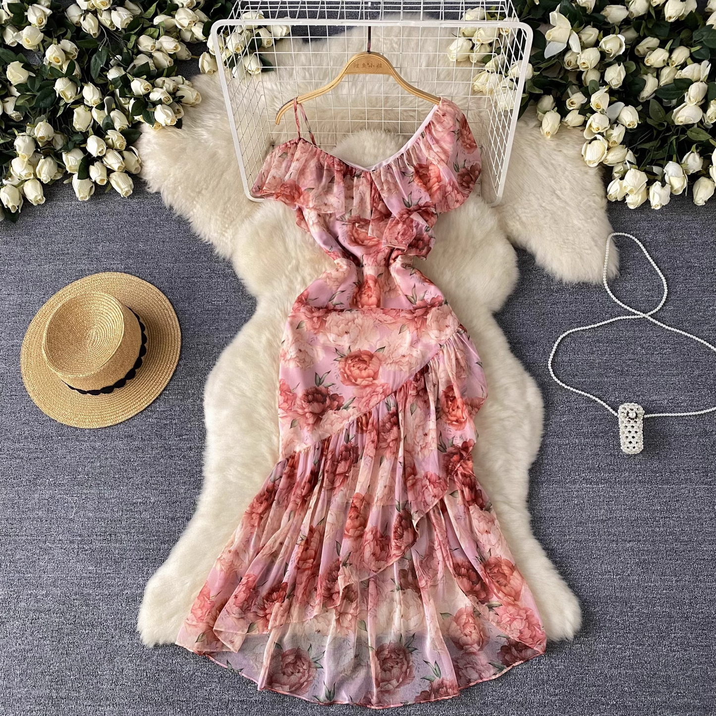 Women's summer floral dress with irregular ruffles YM1474