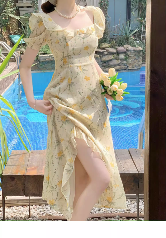 Beach vacation yellow floral puff sleeve dress for women summer  YM1132