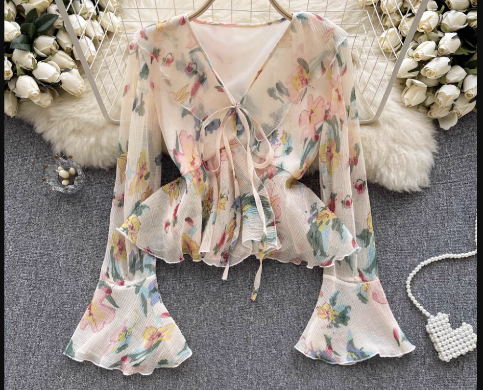 Women's trumpet long sleeve ruffled printed chiffon blouse,YM113