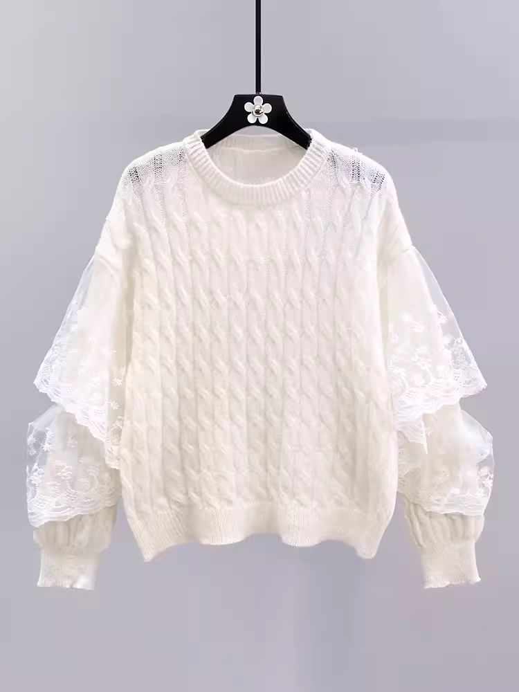 women's lace spliced twist pullover sweater YM671