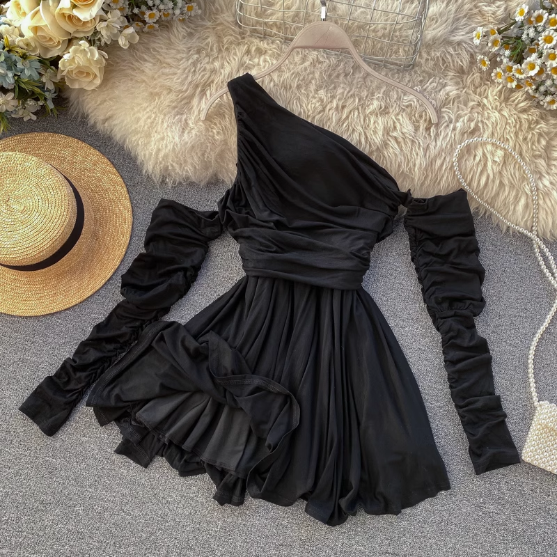 One Shoulder Pleated Long Sleeves Dress ,YM101