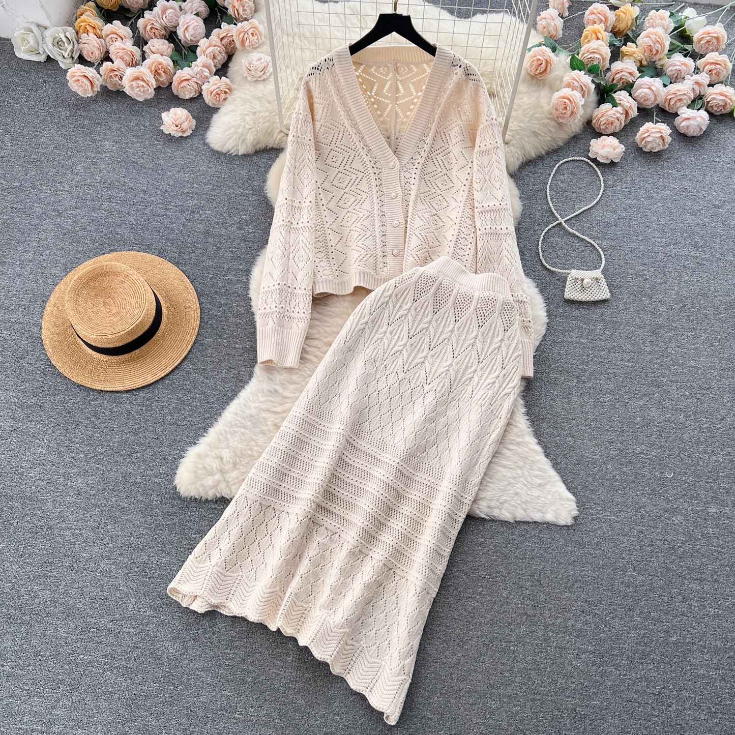 Women's suit long-sleeved cardigan versatile mid-length high-waisted skirt knitted two-piece skirt YM563