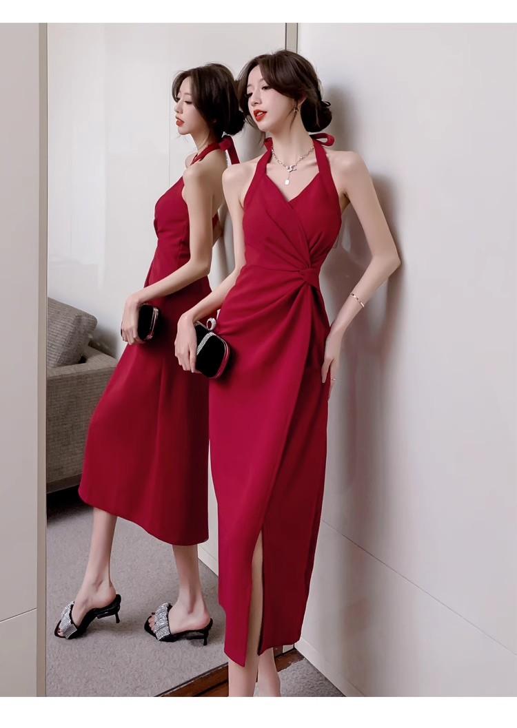 Burgundy Halter Bodycon Dress    YM1259