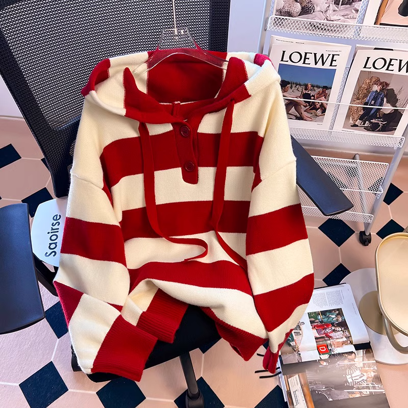 chic red striped hooded sweater women autumn and winter YM409