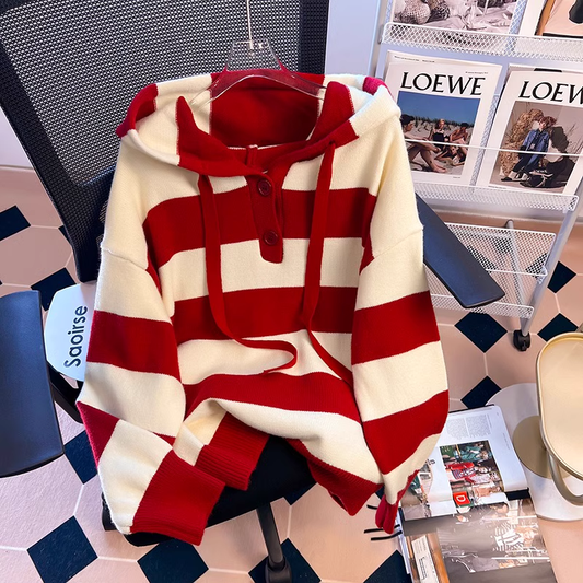 chic red striped hooded sweater women autumn and winter YM409