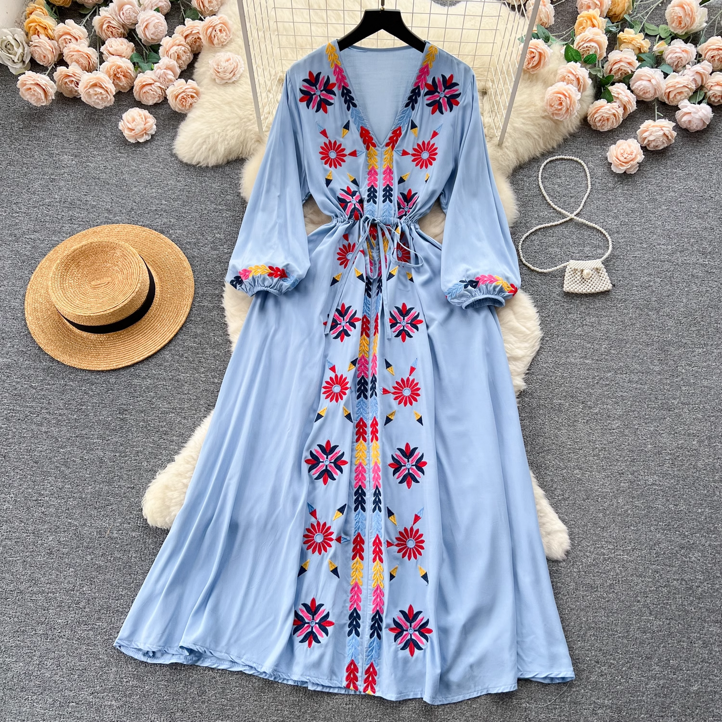 Embroidered V-neck drawstring waist dress for women retro ethnic style holiday dress YM558