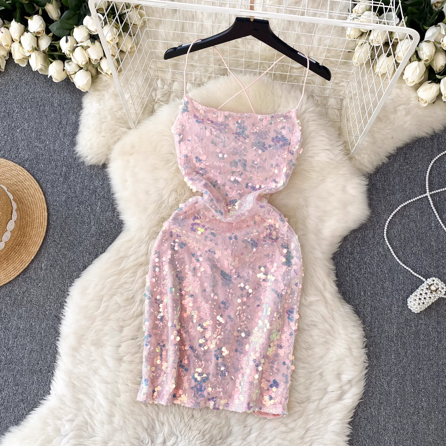 women's summer sequined glitter suspender dress  YM328